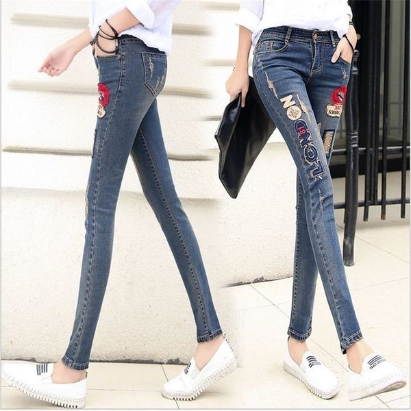 

lip denim pants ripped hole elastic ladies skinny pencil panmbroidery lips letter jeans trousers for women y200417, Blue