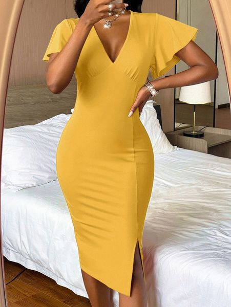 

plunging neck flutter sleeve slit hem bodycon dress 31m7#, Black;gray