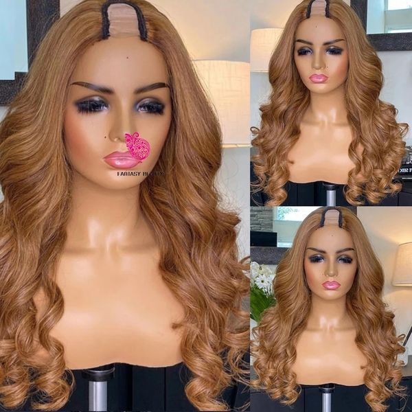 Honey Blonde Body Wave U Parte de cabelos humanos Wigs Golden Blonde Wavy Brasileiro Remy Glueless V Shape Half Wig 250Dnsibe