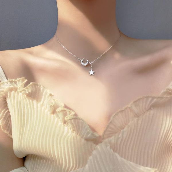 Medaglioni Squisito Flash Diamond Moon Star Nappa Cute Clavicola Catena Pendenti in argento sterling 925 per le donne Regalo di compleanno Gioielleria raffinata