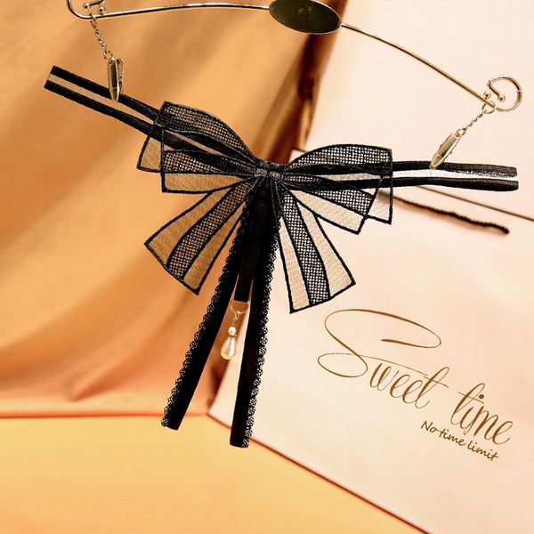 

couple fun underwear female see-through gift knot embroidered low waist open dangling beads temptation t-back 2273, Black;white