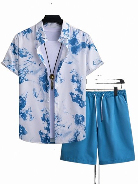 

men tie dye shirt & drawstring waist shorts a2uw#, Gray