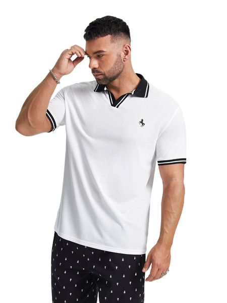 

extended sizes men unicorn print striped trim polo shirt b8zx#, White;black