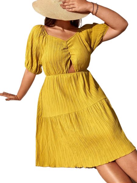 

plus ruched cut out front ruffle hem dress p7tv#, Black