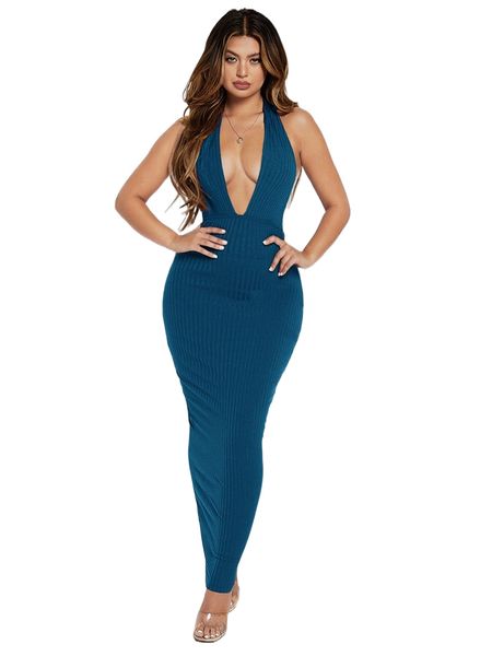 

plunging neck open back bodycon halter dress o4gz#, Black;gray