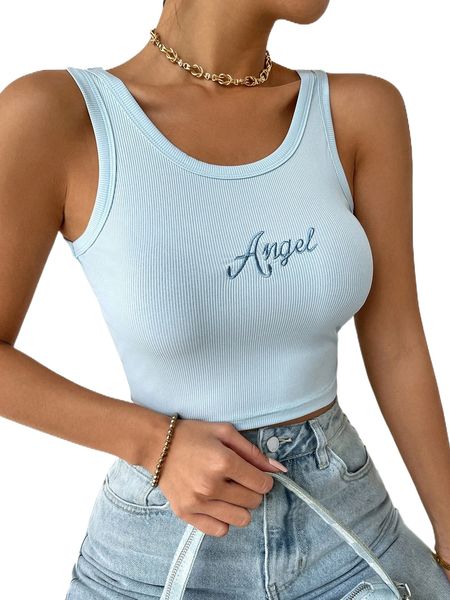 

letter embroidery scoop neck tank l1g8#, White