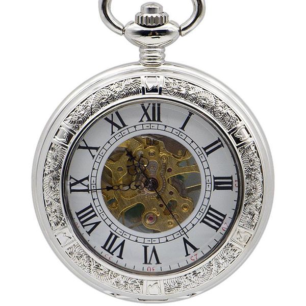 Taschenuhren 5 Teile/los Silber Retro Luxus Mechanische Römische Ziffern Uhr Klassische Steampunk FOB Geschenk BoxPocket