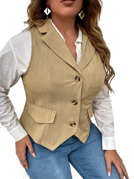 

plus button front vest blazer without shirt k5ff#, Black