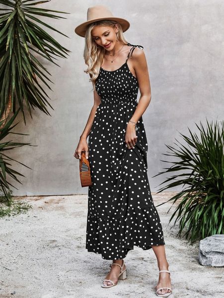 

polka dot print tie shoulder shirred cami dress r1vt#, Black;gray