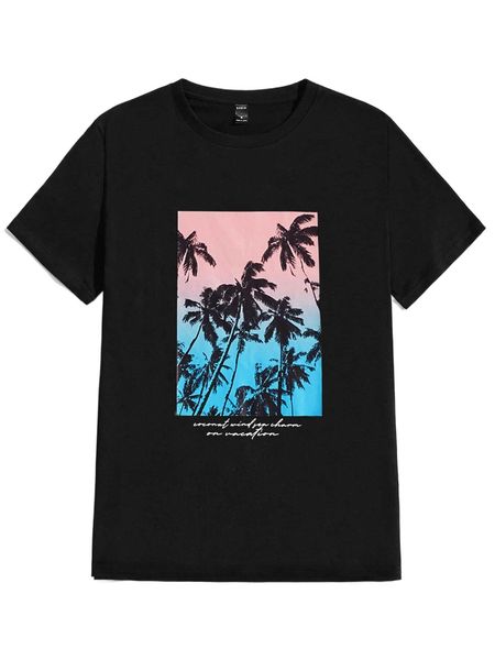 

men slogan & palm tree print tee p73s#, White;black