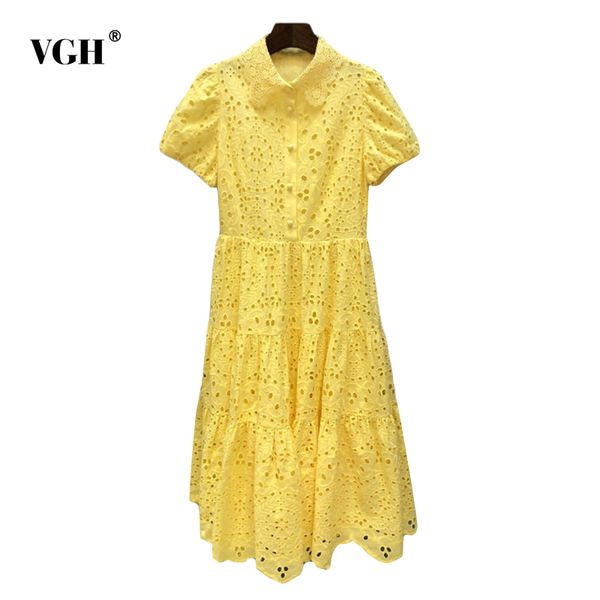 

elegant white summer dress for women lapel short sleeve high waist hollow out midi dresses female fashion clothing 210507, Black;gray