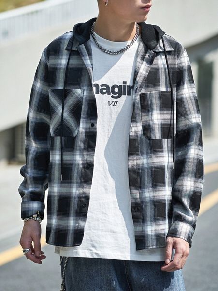 

men plaid print drawstring hooded jacket s7ua#, Black;brown