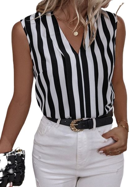 

striped print sleeveless blouse l4lh#, White