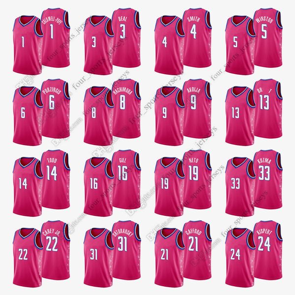 

printed 2022 new city basketball pink jerseys beal porzingis kuzma caldwell-pope hachimura smith avdija kispert neto gafford todd carey wins, Black;red