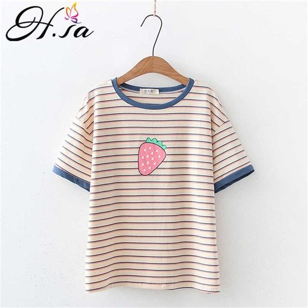 HSA Mulheres roupas de desenho animado Moda de frutas de verão roupas de manga curta impressão tshirt feminino de morango t-shirt gráfico 210716