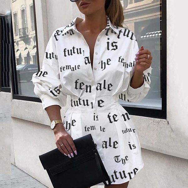 

autumn long sleeve shirts women fashion new turn down collar print blouse casual collect waist slim clothing for woman, White