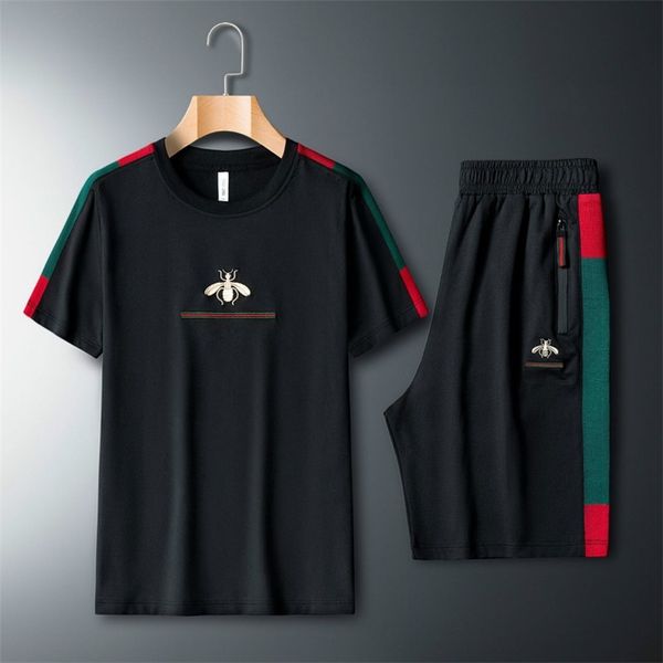 

polyester slim set patchwork printed men summer embroidery clothing tracksuit short sleeve t shirt sportswear two piece 220705, Gray