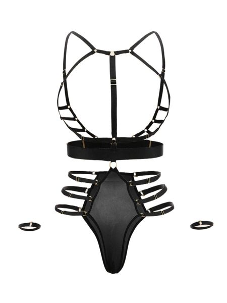 

plus ring linked harness teddy bodysuit with 1pair hand ring c4pv#, Black;white