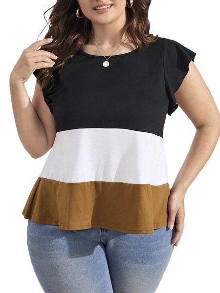 

plus color block butterfly sleeve tee 87js#, Black