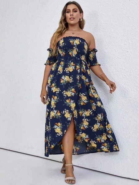 

plus allover floral print off shoulder shirred wrap hem dress b9uk#, Black