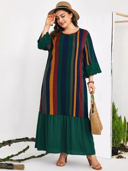 

plus colorblock striped print maxi smock dress u1vt#, Black