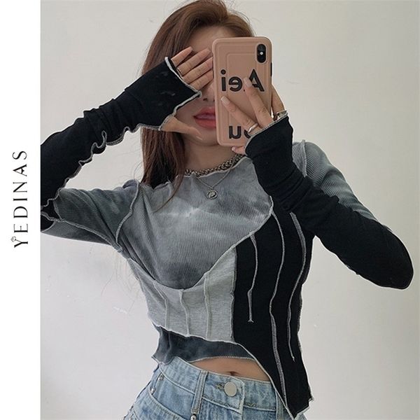 Yedinas Tie-Dye Cor Correspondente Irregular T-shirt Mulheres Sexy Slim Crop Top Chic Design Coreano Estilo Longa Mola 220328