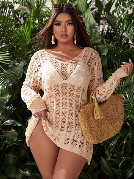 

plus plain hollow out crochet cover up 65sf#, Black