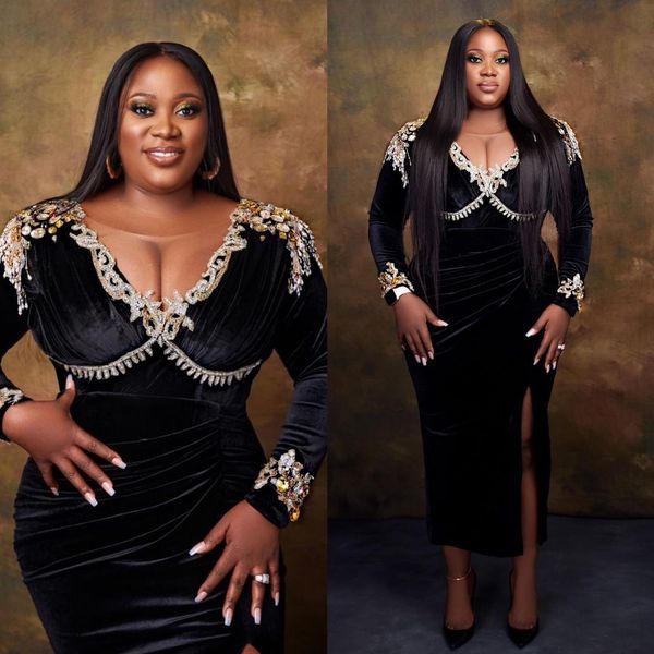 

2022 plus size arabic aso ebi black sheath velvet prom dresses lace beaded crystals evening formal party second reception birthday engagemen