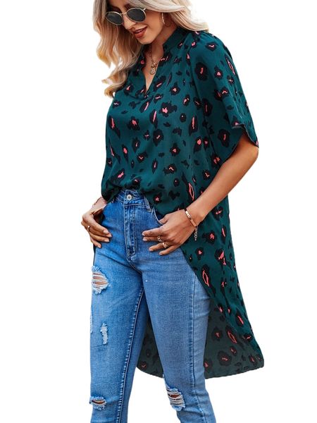 

all over print notch neck high low hem blouse c6eq#, White