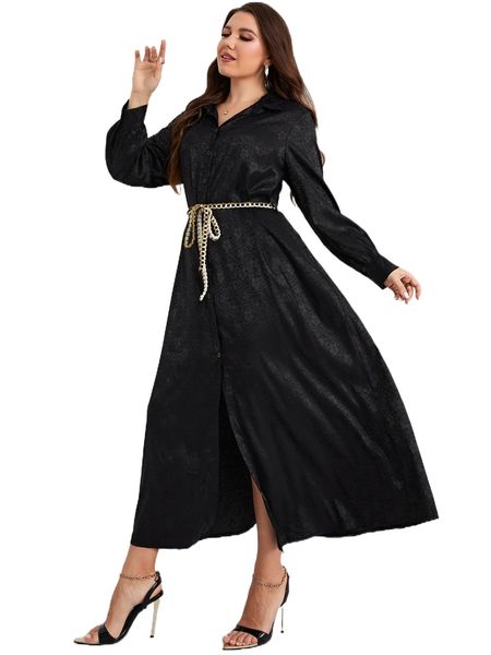 

plus button front belted shirt dress 036d#, Black