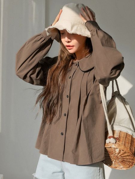 

dazy fold plicated detail button through peter pan collar blouse w7aw#, White