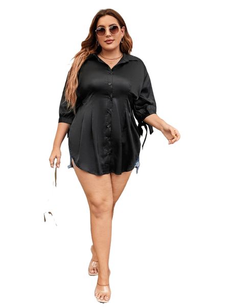 

plus tie cuff plicated detail curved hem shirt 103a#, Black