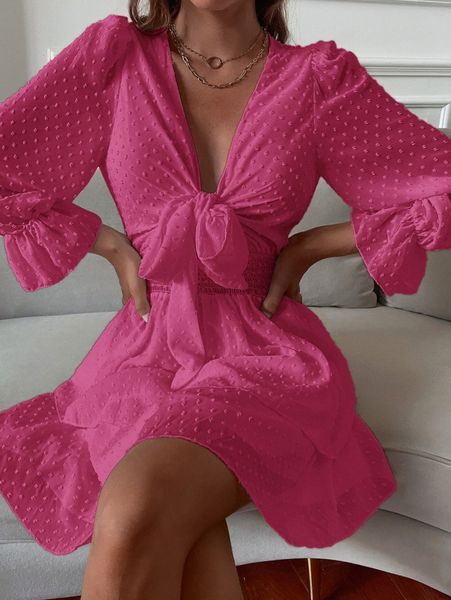 

swiss dot tie front layer dress r63x#, Black;gray