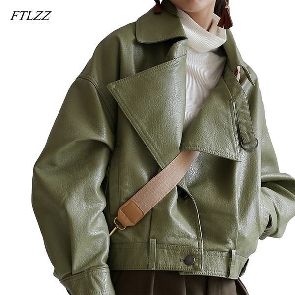FTLZZ Spring Autumn Green Faux Leather Jackets Casual Mulheres Casuais Vintage Solicita Pu Jackets Pu Feminino Black Red Coats 220813
