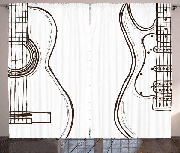 Cortina cortina cortinas de guitarra para sala de estar desenhada de mão monocromática ilustração de instrumentos dois tipos de música drapescurta