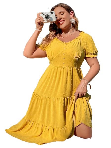 

plus swiss dot puff sleeve dress k16o#, Black