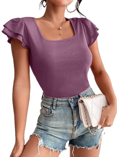 

butterfly sleeve square neck solid tee 80yj#, White