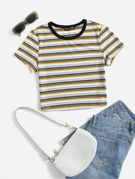 

colorful striped contrast binding tee s4mt#, White
