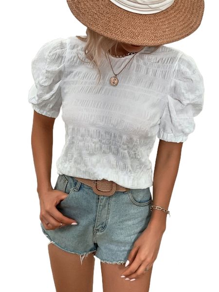 

puff sleeve keyhole back blouse m9rp#, White