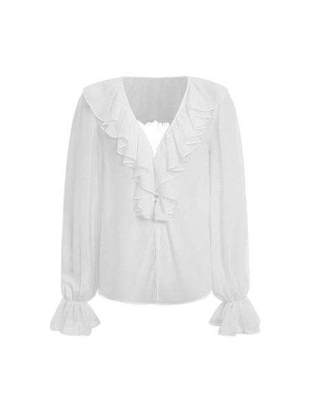 

mod ruffle trim flounce sleeve blouse u7qa#, White