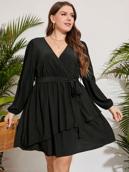 

plus surplice neck lantern sleeve belted dress z6a0#, Black