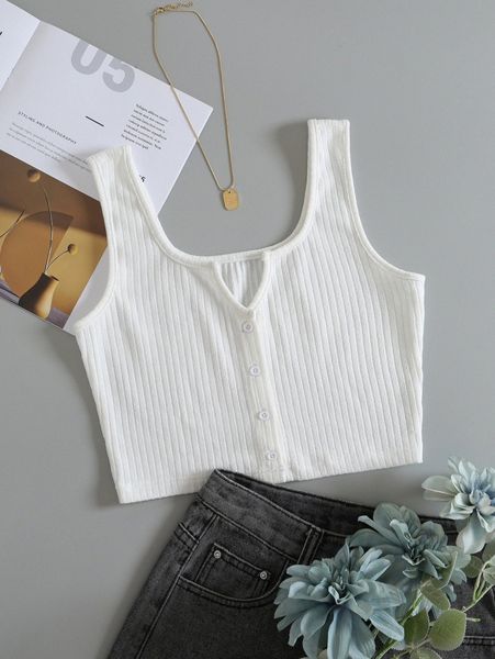 

notched neck button front tank h3yt#, White