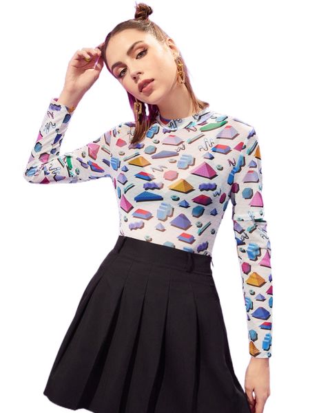 

x mr melville graphic print mock neck sheer c0zj#, White