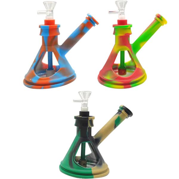 Bongo de silicone de chaleira do triângulo inclinado com vidro médio e tubo de água de tigela de vidro de 14 mm