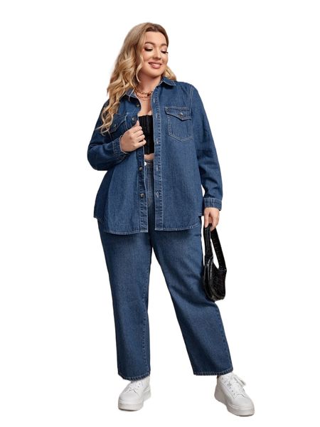 

plus flap pocket denim blouse & pants set a6my#, White