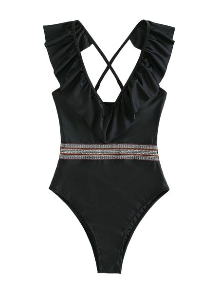 

striped tape crisscross back ruffle trim one piece swimsuit c9jp#, White;black
