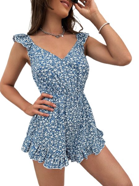 

allover floral print ruffle trim romper m7ew#, Black;white