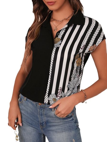 

polka dot & floral print blouse 87si#, White