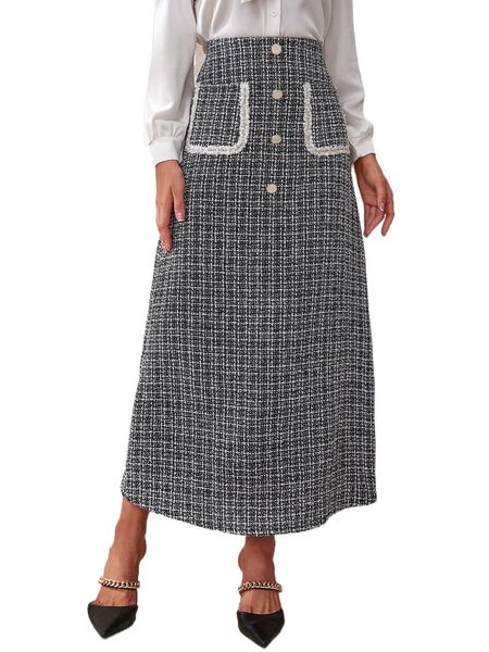 

high waist plaid raw trim dual pocket fake button tweed skirt h1ud#, Black