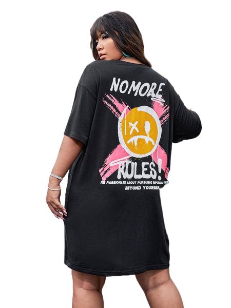 

plus drop shoulder cartoon and slogan graphic tee dress z5xr#, Black